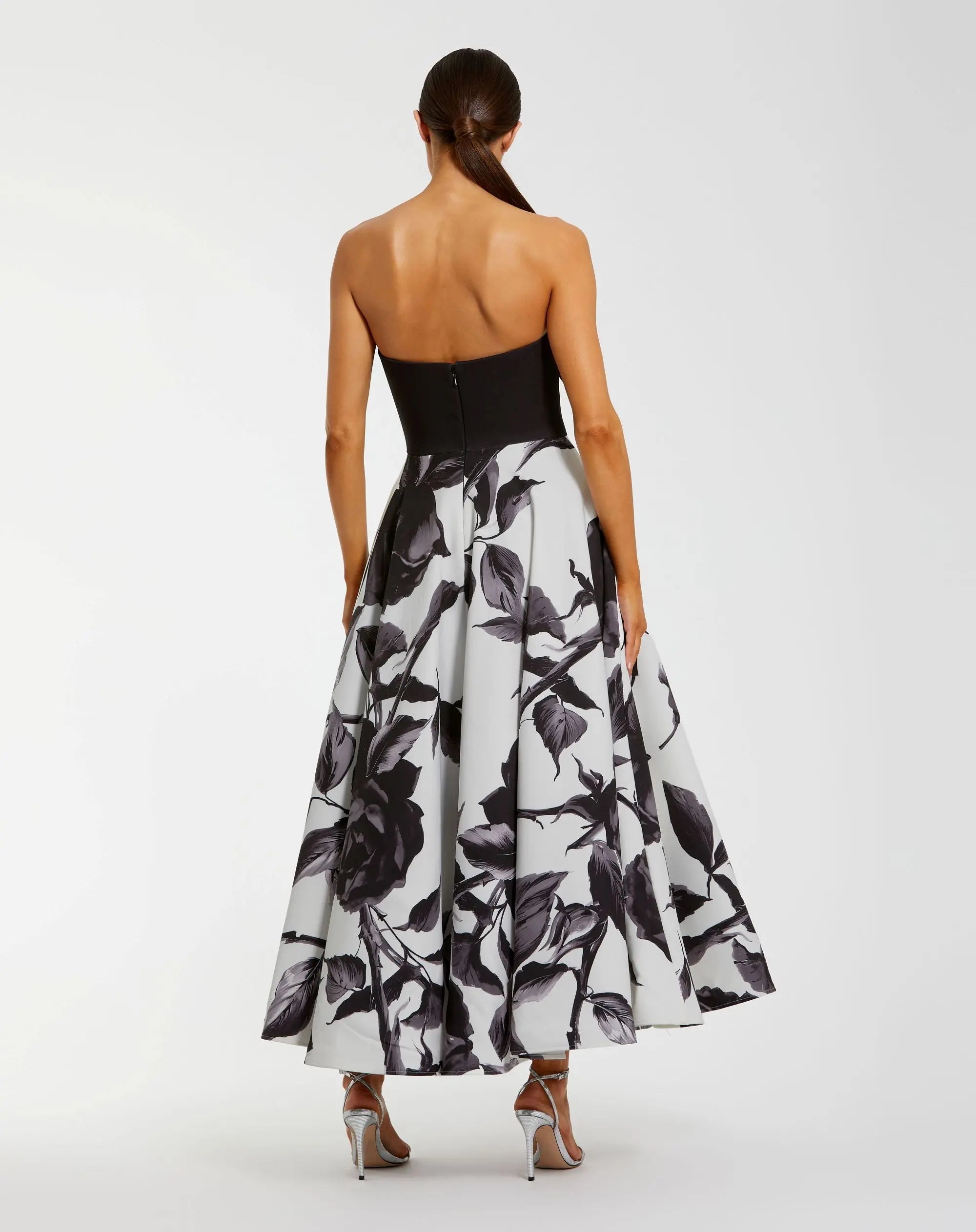 Mac Duggal #21151 black multi floral strapless midi dress with bow
