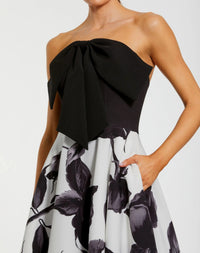 Mac Duggal #21151 black multi floral strapless midi dress with bow