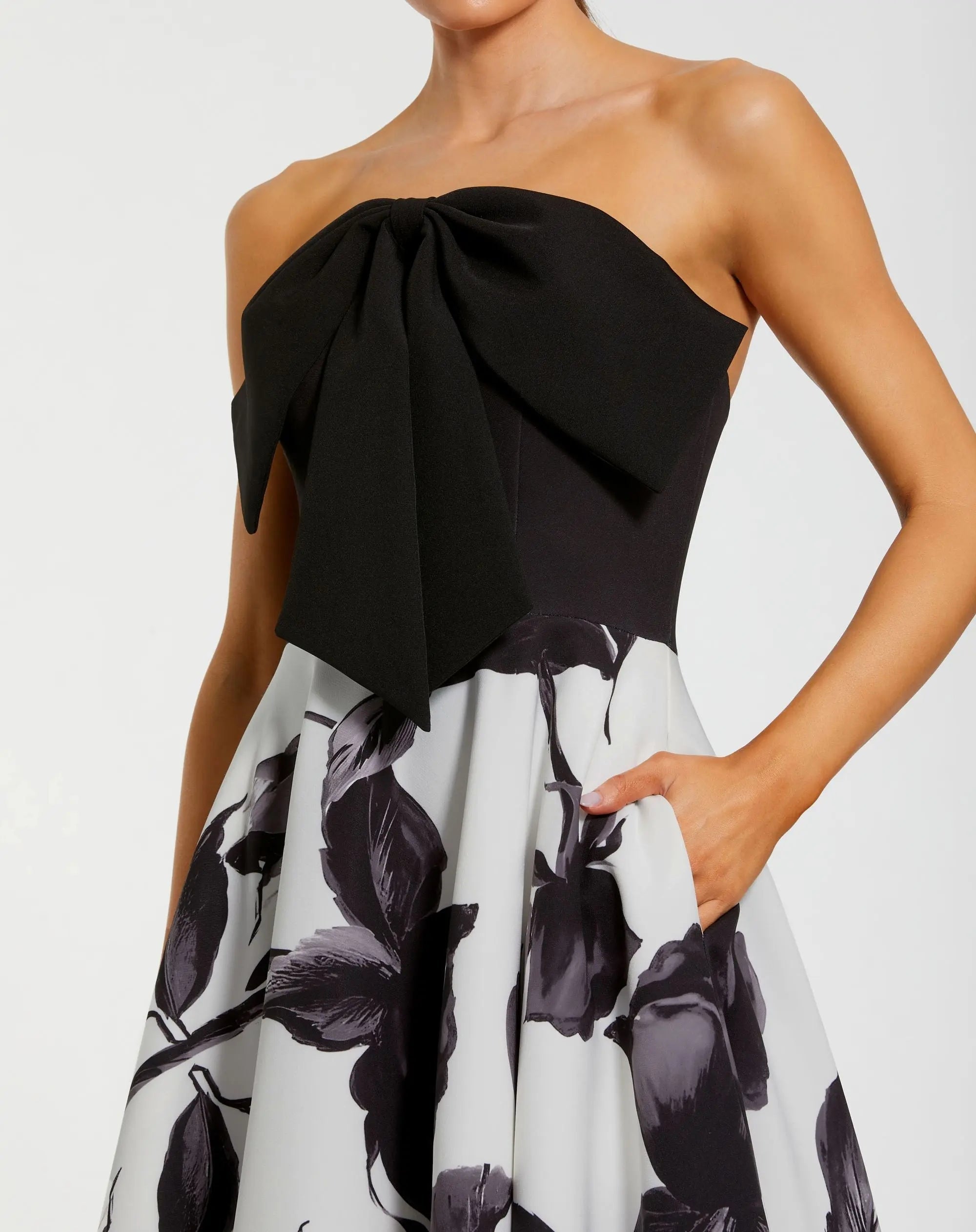 Mac Duggal #21151 black multi floral strapless midi dress with bow