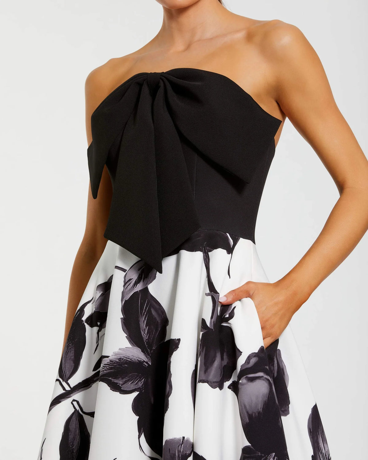 Mac Duggal Black and White Floral Strapless Midi Dress With Bow #21151