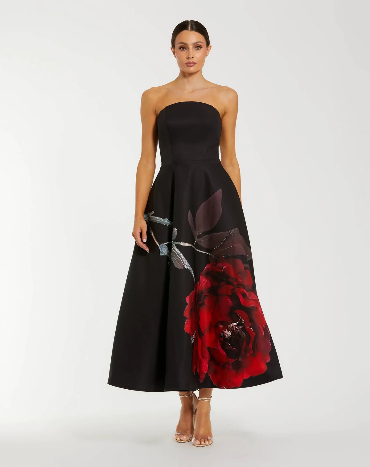 Mac Duggal #21152 Black Printed Satin Strapless Midi Dress Pockets