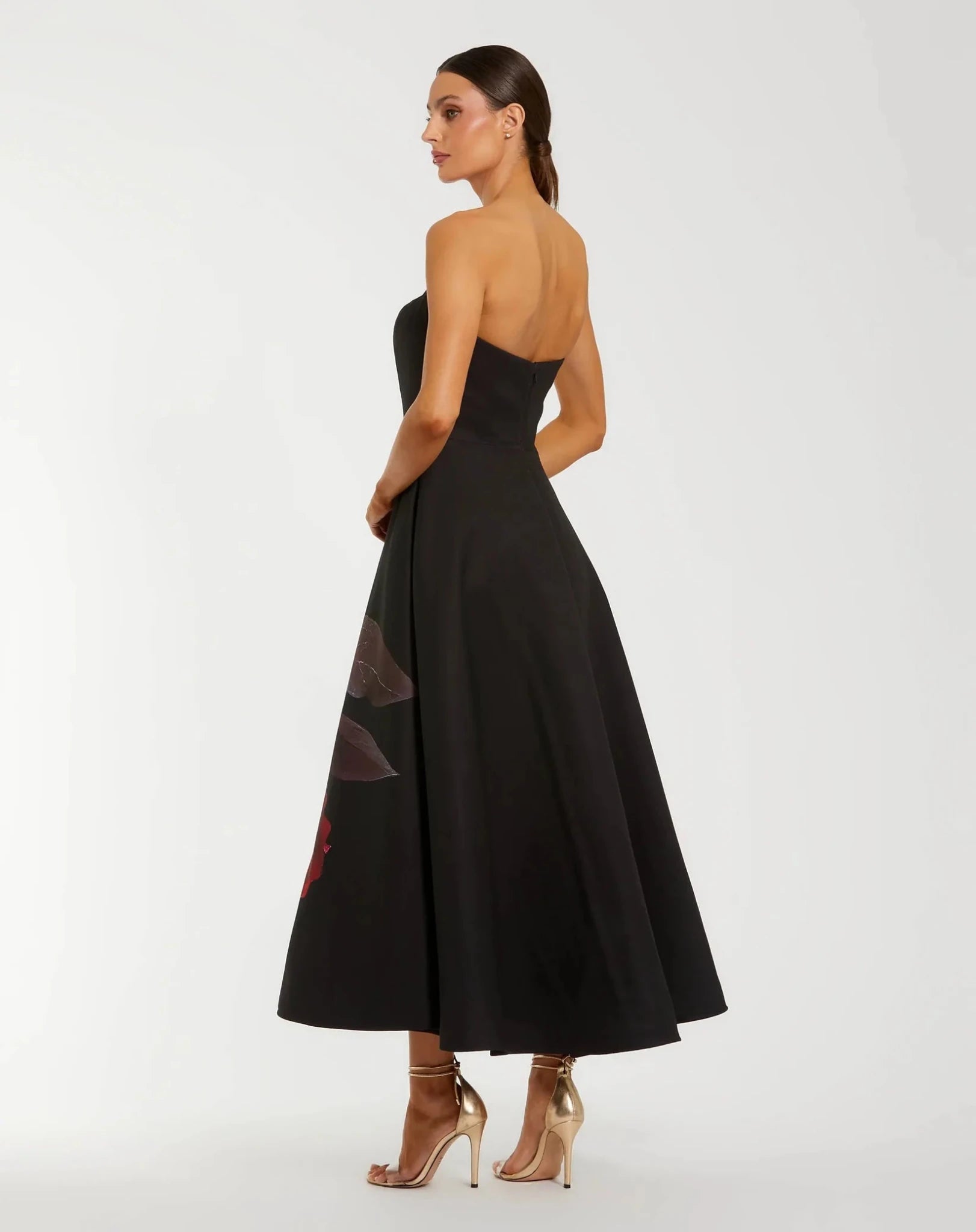 Mac Duggal #21152 Black Printed Satin Strapless Midi Dress Pockets back shot