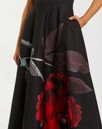 Mac Duggal #21152 Black Printed Satin Strapless Midi Dress Pockets close up of skirt