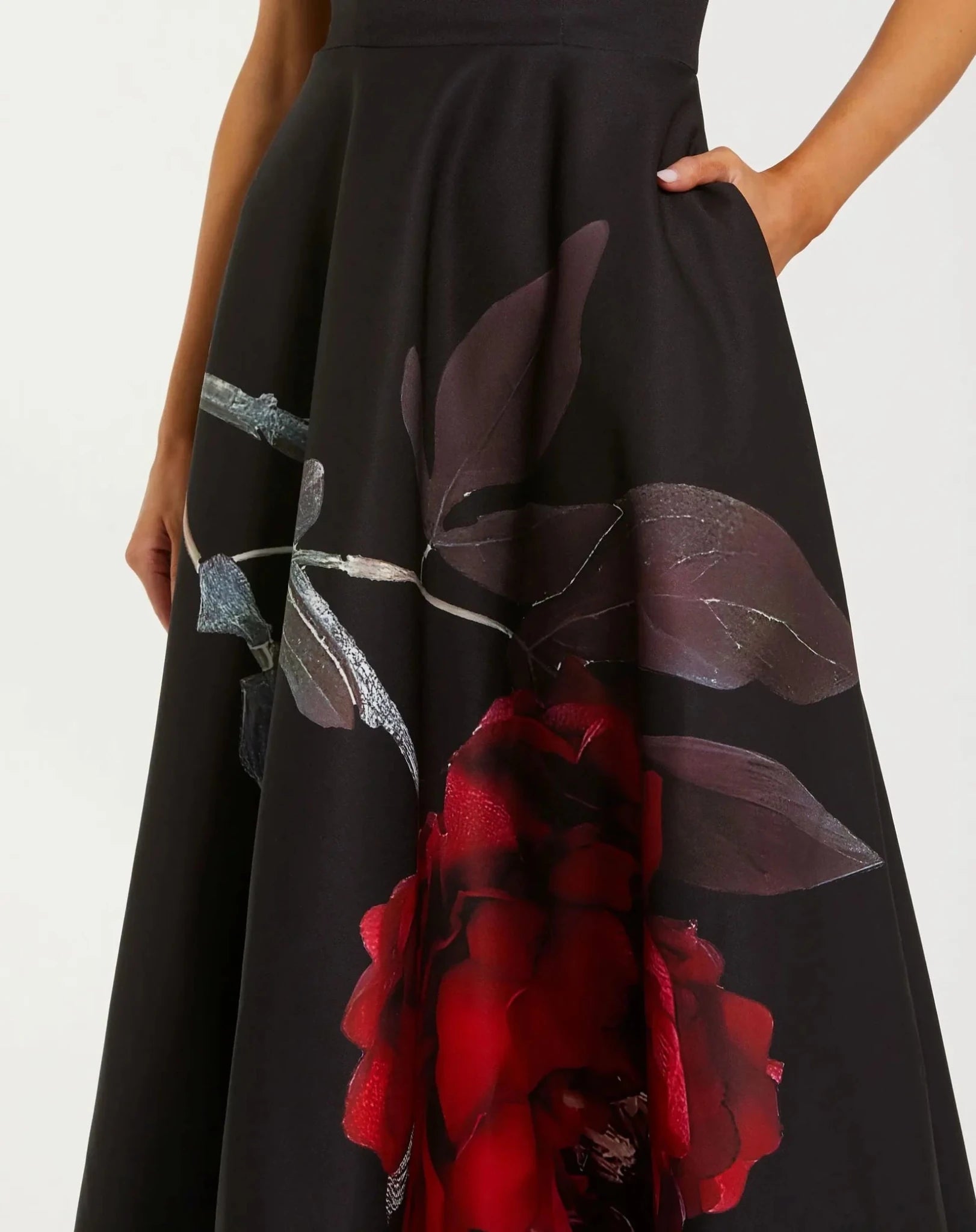 Mac Duggal #21152 Black Printed Satin Strapless Midi Dress Pockets close up of skirt