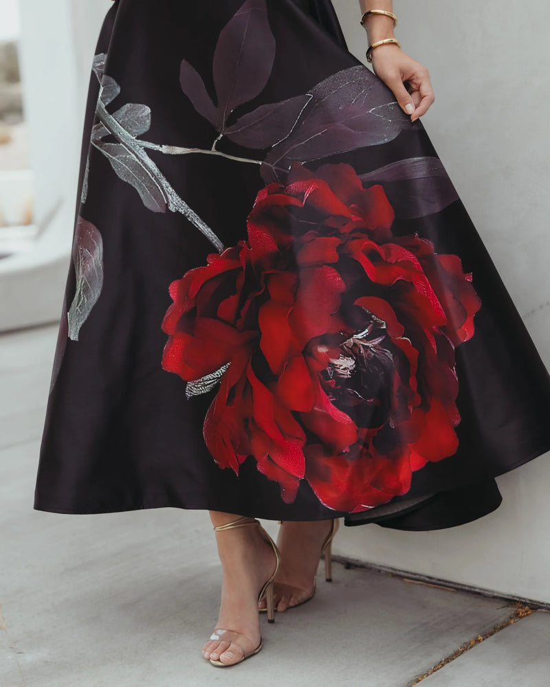 Crepe Printed Strapless Midi Dress With Pockets - Black