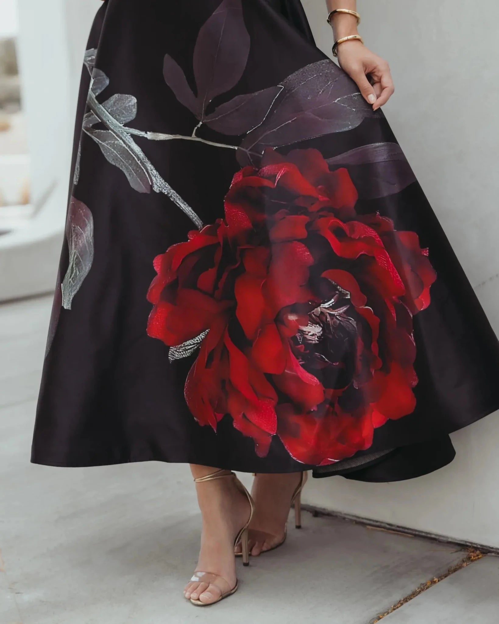 Mac Duggal #21152 Black Printed Satin Strapless Midi Dress Pockets ankle