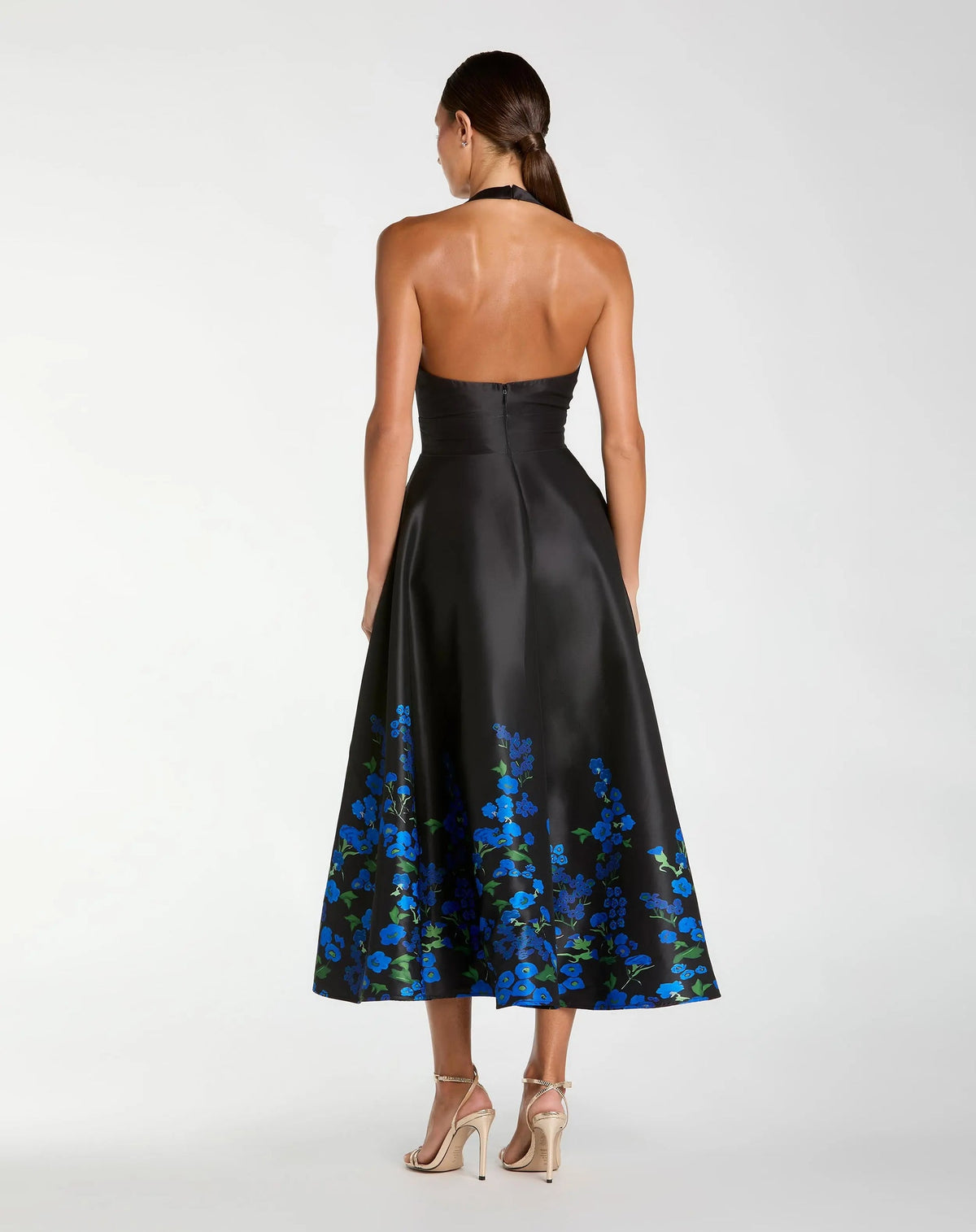 Mac Duggal 21154 Black Multi Floral Print Halter Neck Midi Dress with Structured A-Line Skirt