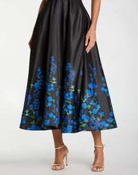 Mac Duggal 21154 Black Multi Floral Print Halter Neck Midi Dress with Structured A-Line Skirt