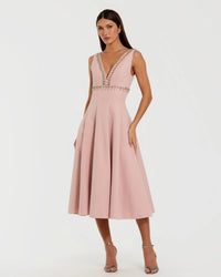 Mac Duggal 21159 Dusty Rose rhinestone embellished crepe A line midi dress - front