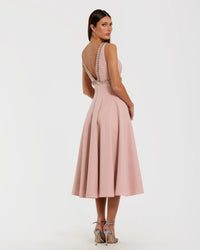 Mac Duggal 21159 Dusty Rose rhinestone embellished crepe A line midi dress - back