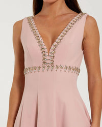 Mac Duggal 21159 Dusty Rose rhinestone embellished crepe A line midi dress - detail