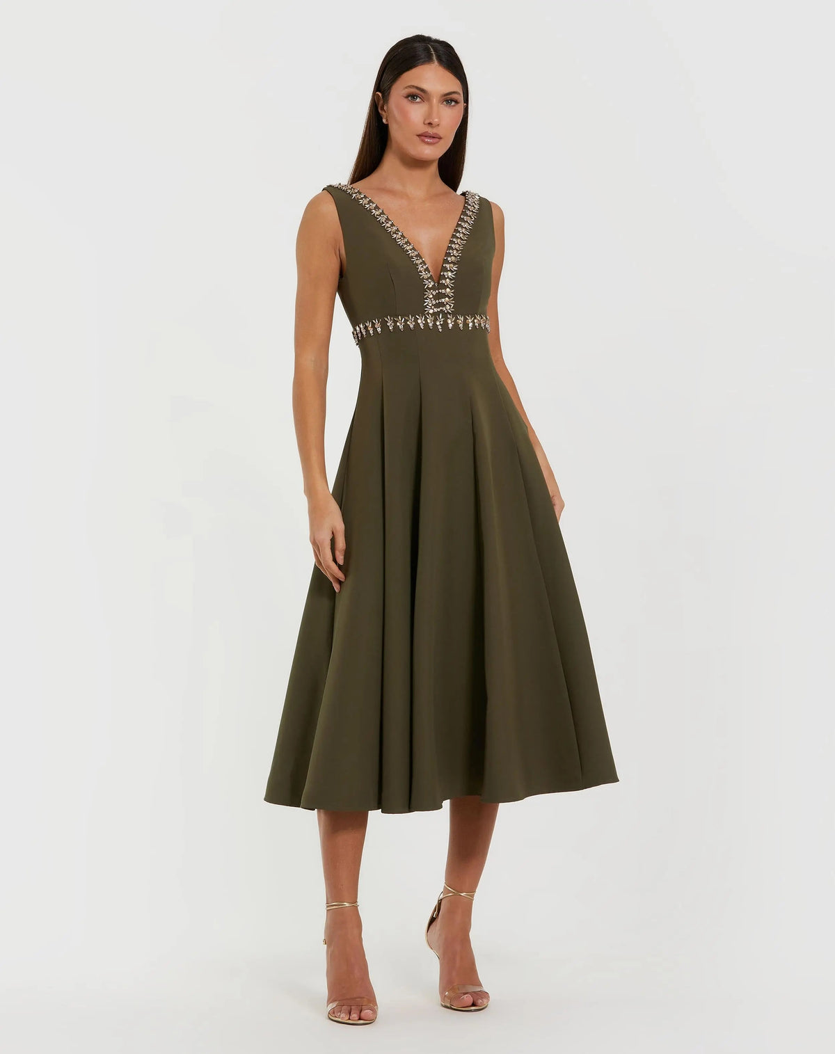 Mac Duggal 21159 Olive rhinestone embellished crepe A line midi dress - front