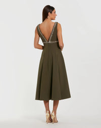 Mac Duggal 21159 Olive rhinestone embellished crepe A line midi dress - back