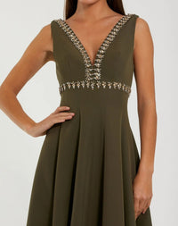 Mac Duggal 21159 Olive rhinestone embellished crepe A line midi dress - detail