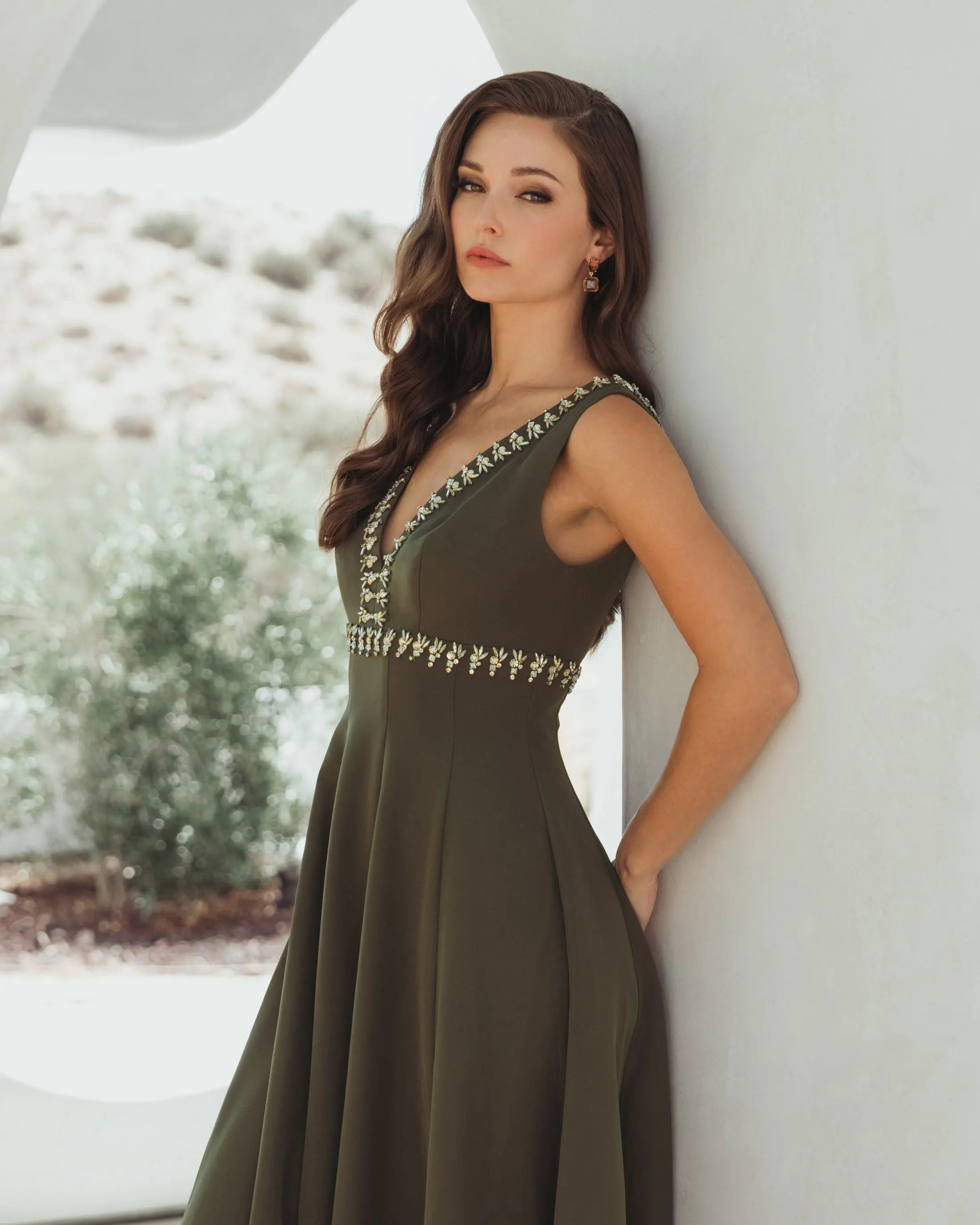Mac Duggal 21159 Olive rhinestone embellished crepe A line midi dress - side