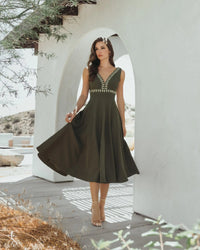 Mac Duggal 21159 Olive rhinestone embellished crepe A line midi dress