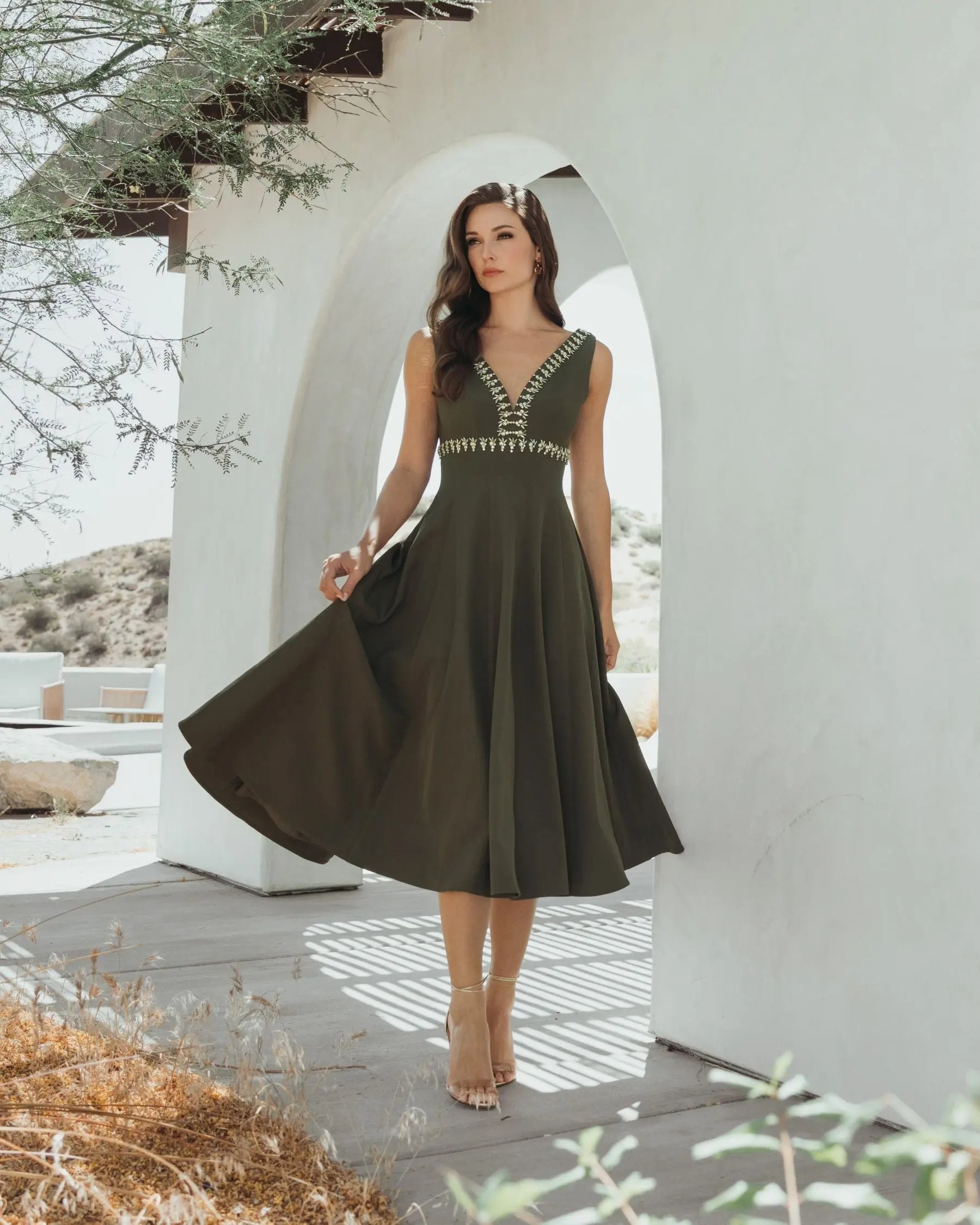 Mac Duggal 21159 Olive rhinestone embellished crepe A line midi dress