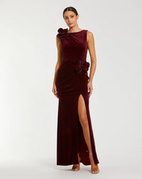 Mac Duggal Dark Red High Neck Velvet Column Gown With 3D Flowers #21163 Burgundy