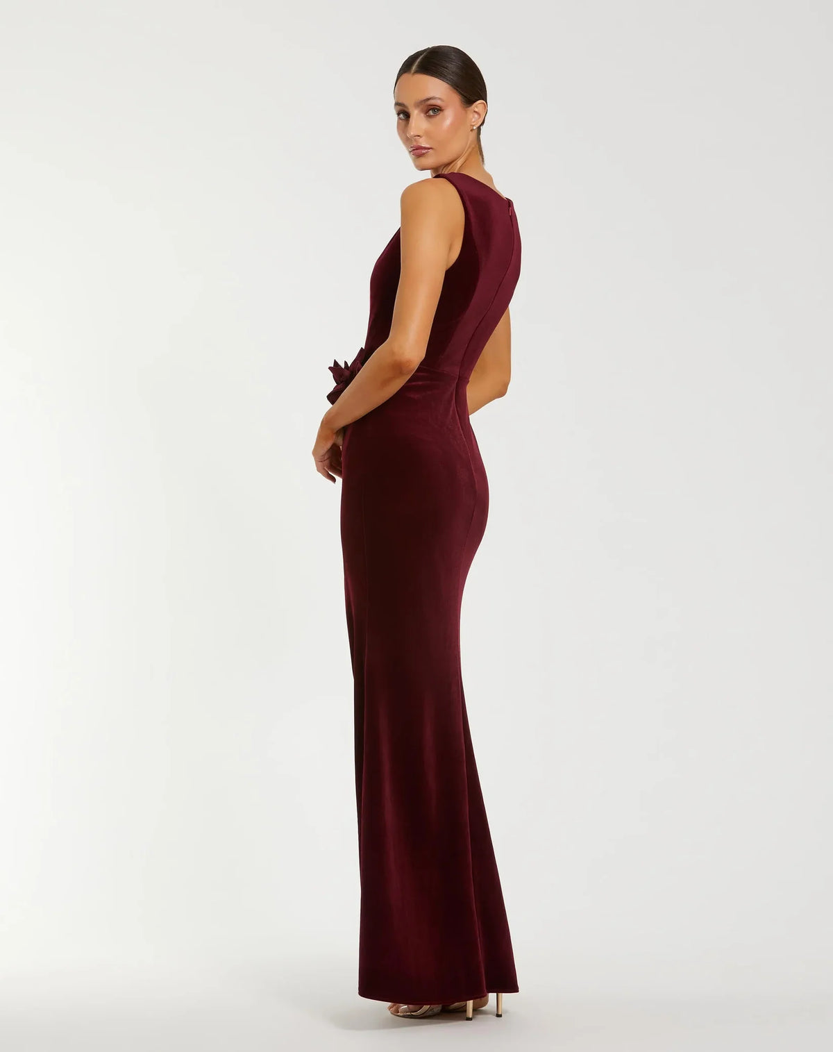 Mac Duggal Dark Red High Neck Velvet Column Gown With 3D Flowers #21163 Burgundy