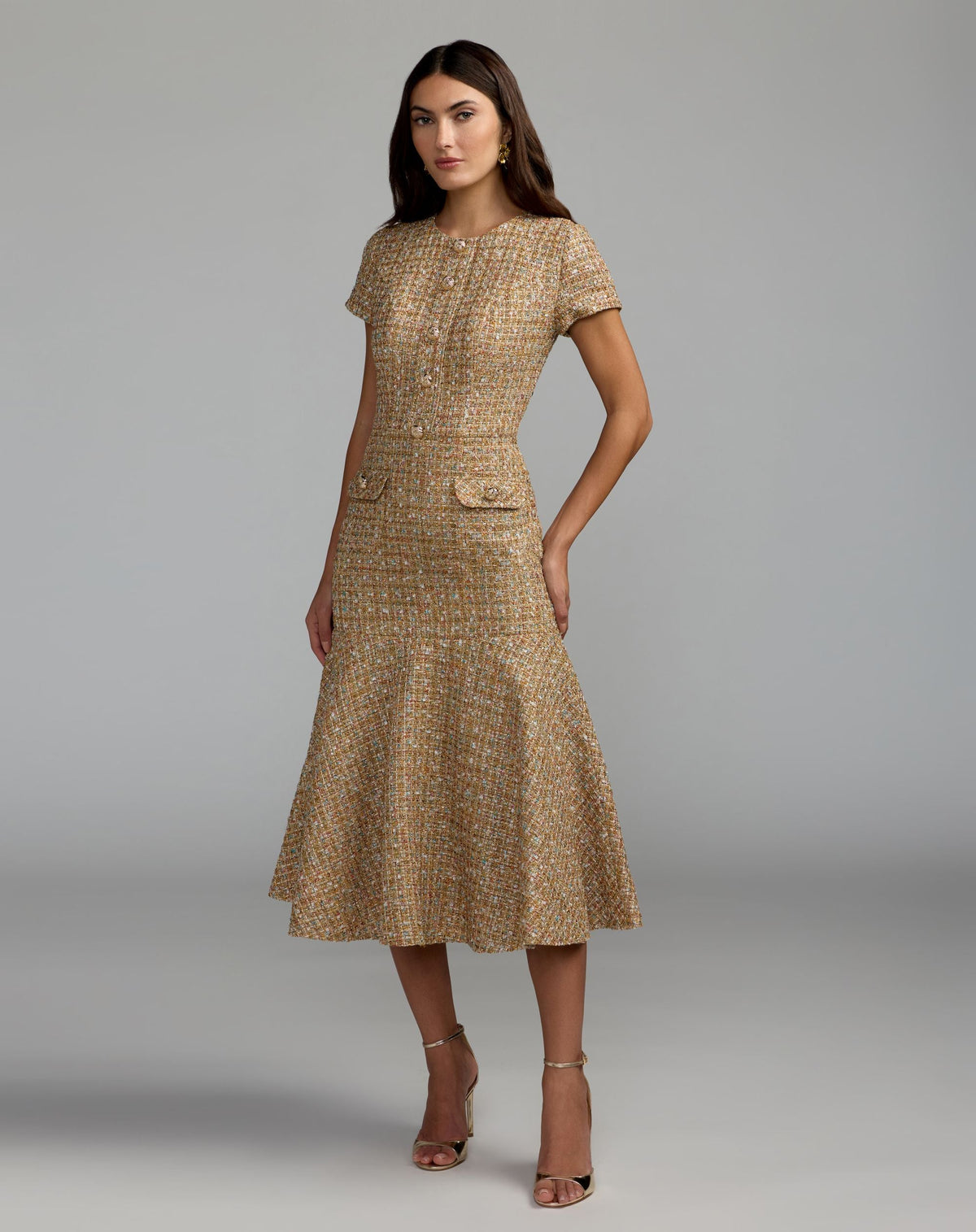Mac Duggal #21167 latte multi boucle short sleeve midi dress
