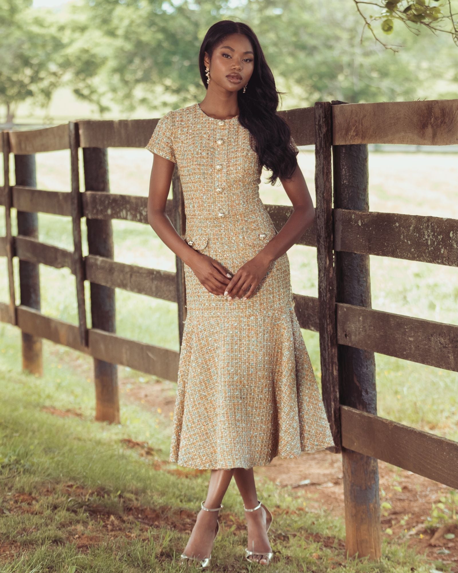 Mac Duggal #21167 boucle midi dress alternate view