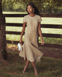 Mac Duggal #21167 latte multi boucle midi dress lifestyle