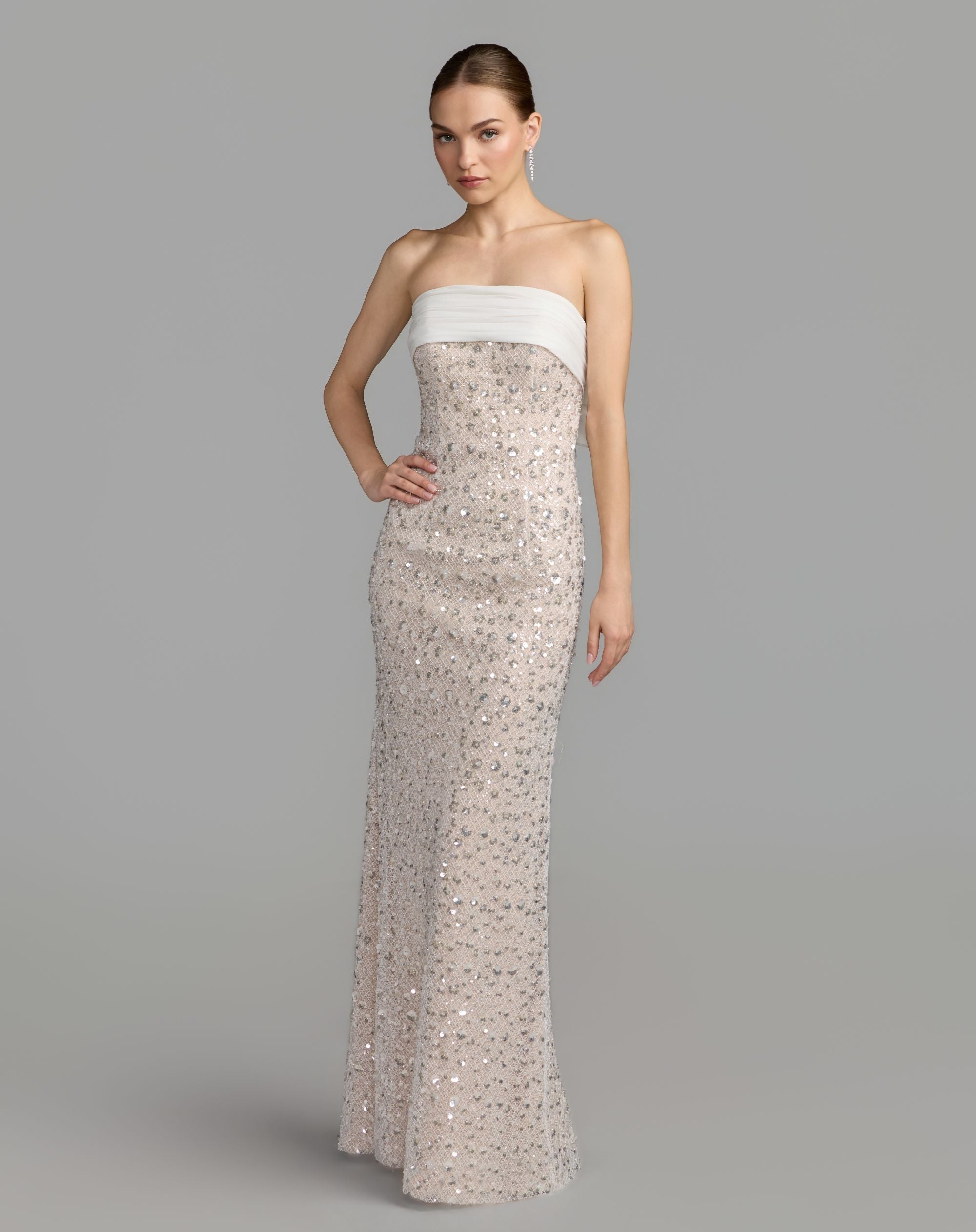 Mac Duggal #21170 ivory nude strapless embellished column gown