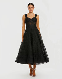 Mac Duggal Black Bustier Sleeveless A-Line Tulle Midi Dress #21171