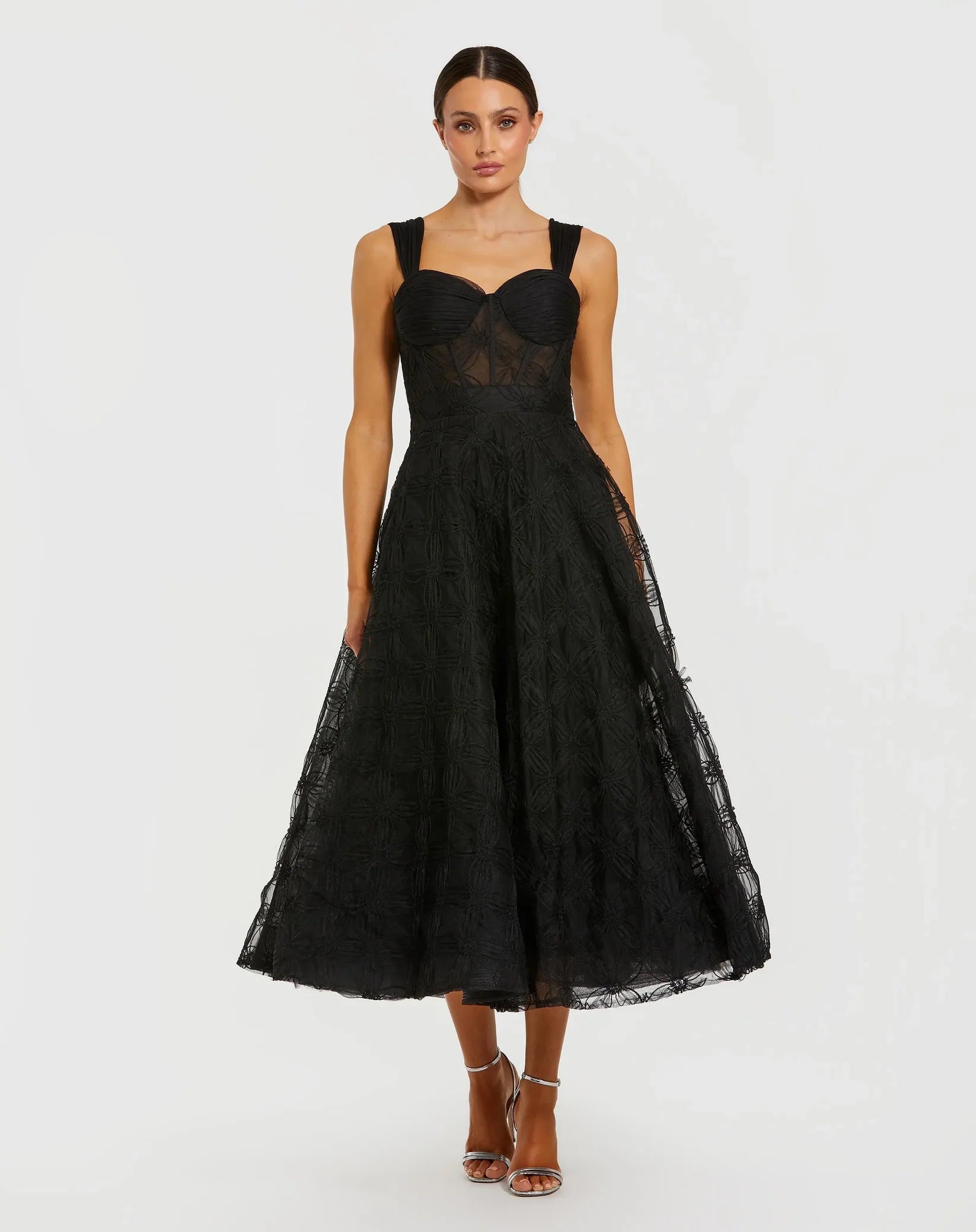 Mac Duggal Black Bustier Sleeveless A-Line Tulle Midi Dress #21171