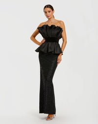 Mac Duggal Black Strapless Satin Peplum Sequin Column Gown #21174 