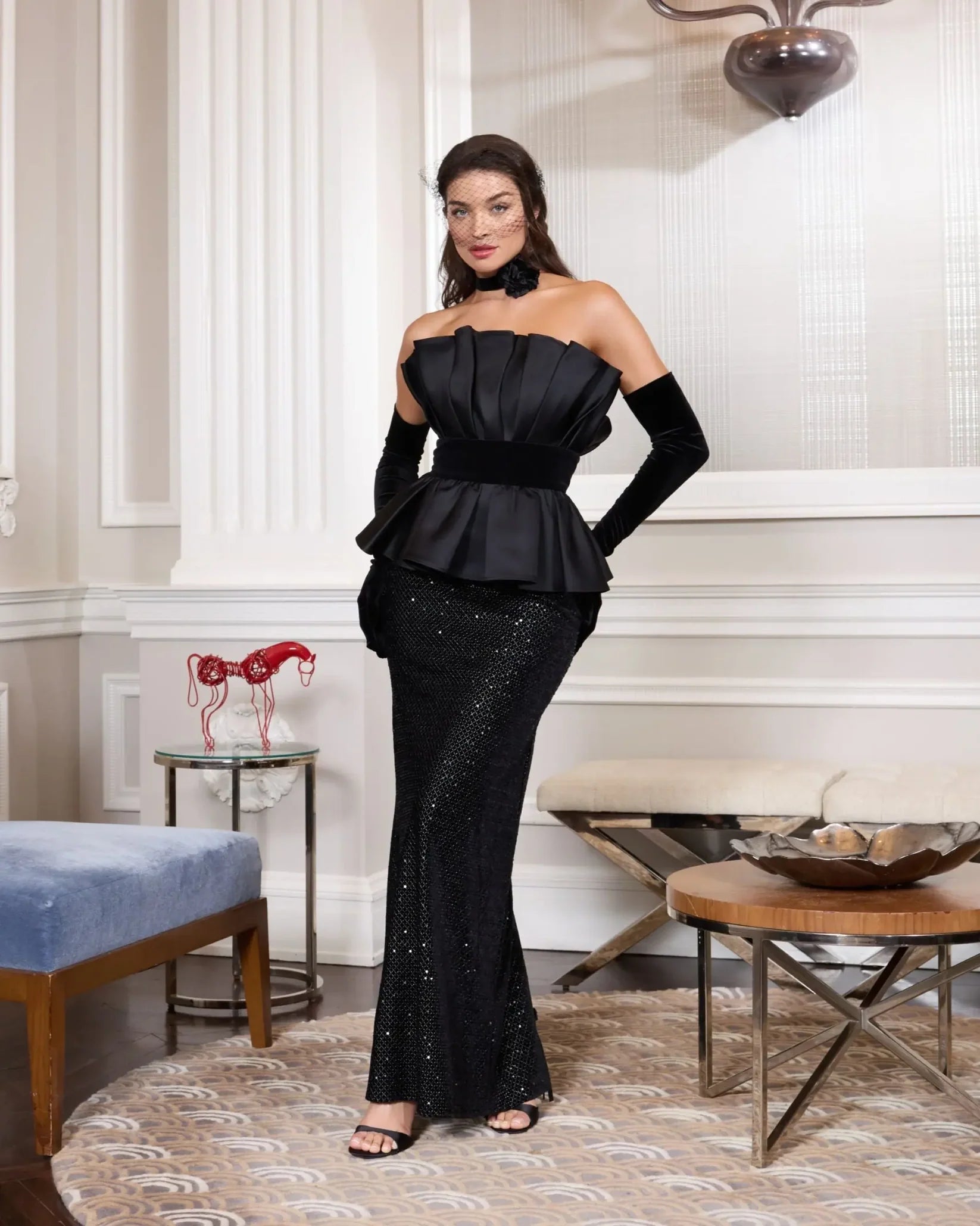 Strapless Satin Peplum Sequin Column Gown - Black