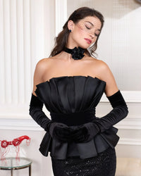 Strapless Satin Peplum Sequin Column Gown - Black