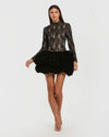 High Neck Long Sleeve Lace Velvet Mini Dress - Black