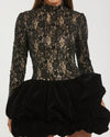 High Neck Long Sleeve Lace Velvet Mini Dress - Black