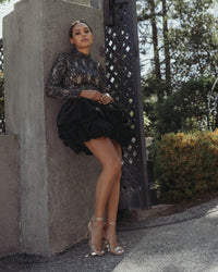 High Neck Long Sleeve Lace Velvet Mini Dress - Black