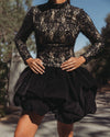 High Neck Long Sleeve Lace Velvet Mini Dress - Black