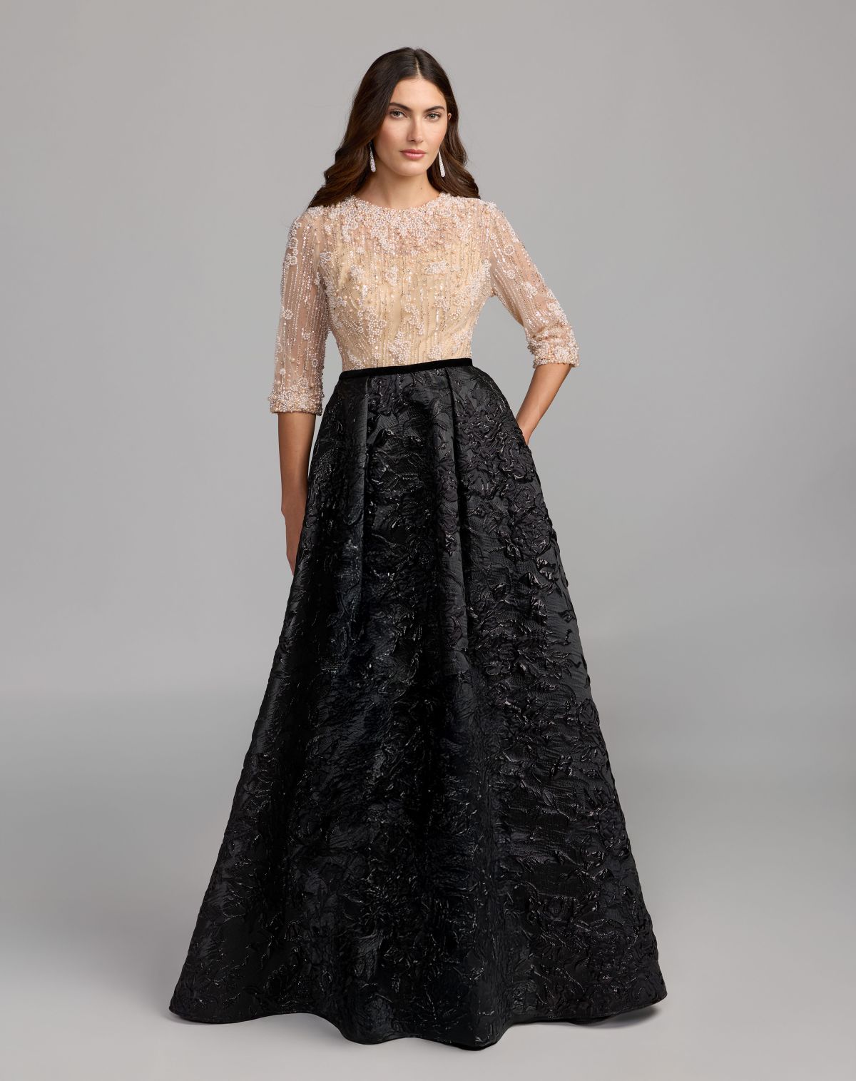 Mac Duggal #21180 beige and black embellished brocade gown with 3/4 sleeves