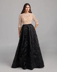 Mac Duggal #21180 beige and black embellished brocade gown with 3/4 sleeves