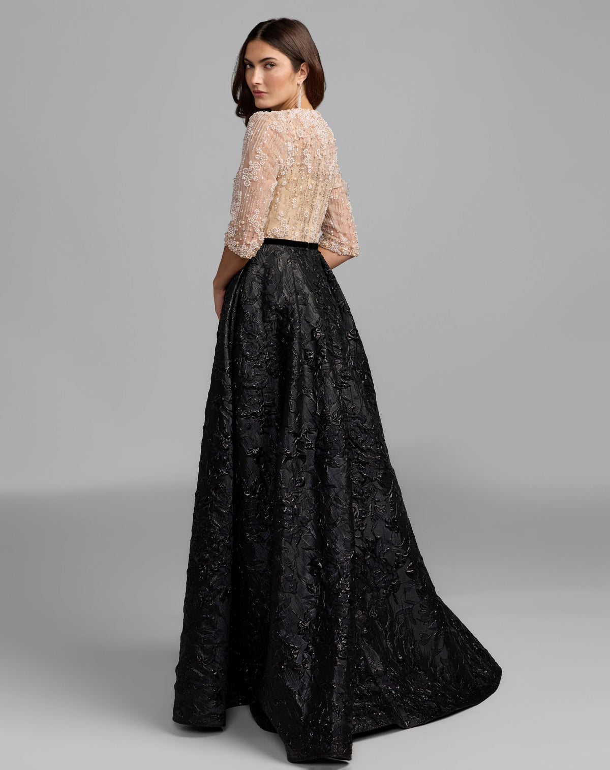Mac Duggal #21180 beige and black embellished brocade gown with 3/4 sleeves back view