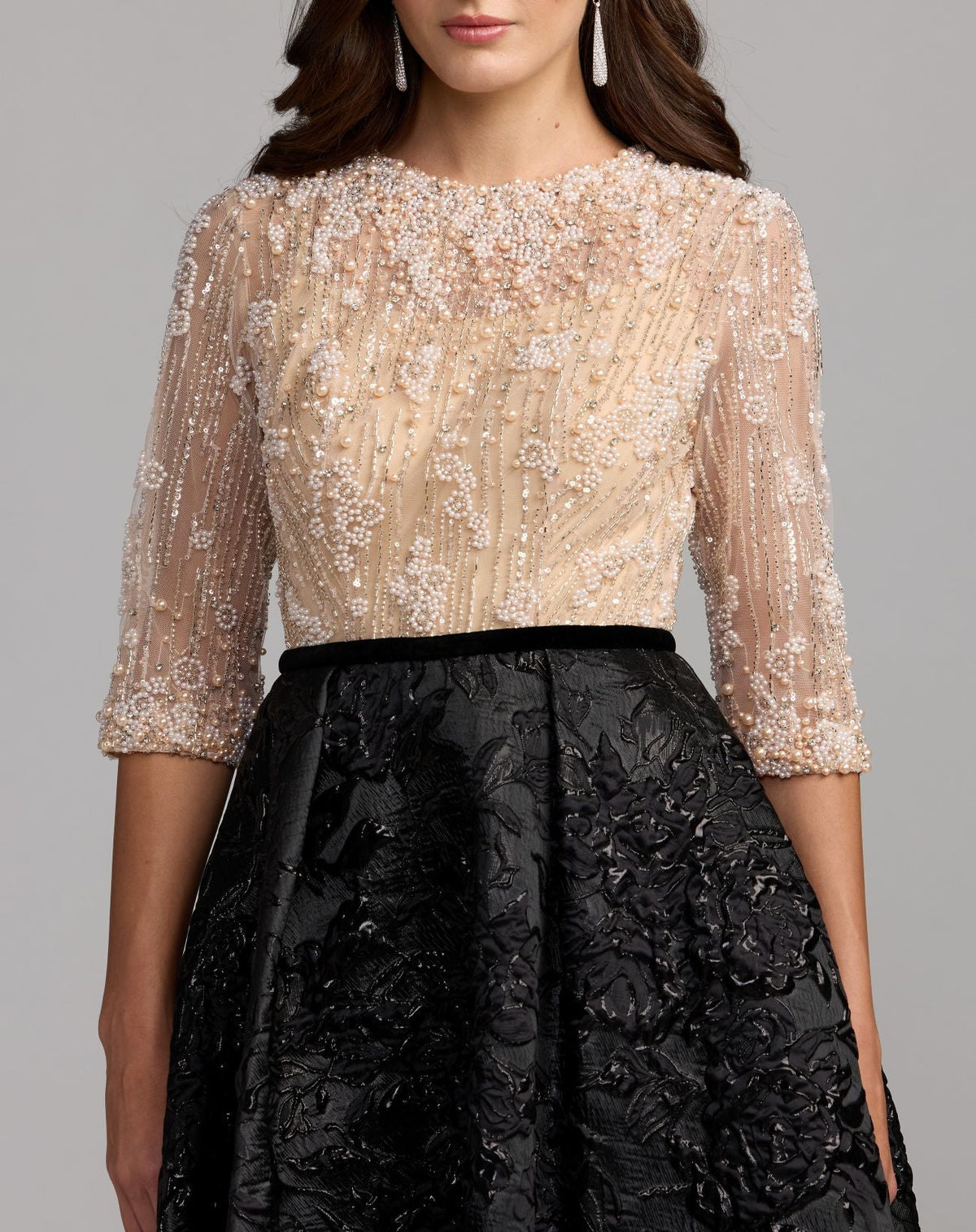 Mac Duggal #21180 beige and black embellished brocade gown with 3/4 sleeves close-up