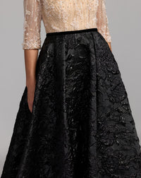 Mac Duggal #21180 beige and black embellished brocade gown with 3/4 sleeves close-up