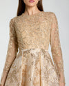 Mac Duggal Light Gold Long Sleeve Beaded Brocade Skirt Ball Gown #21181