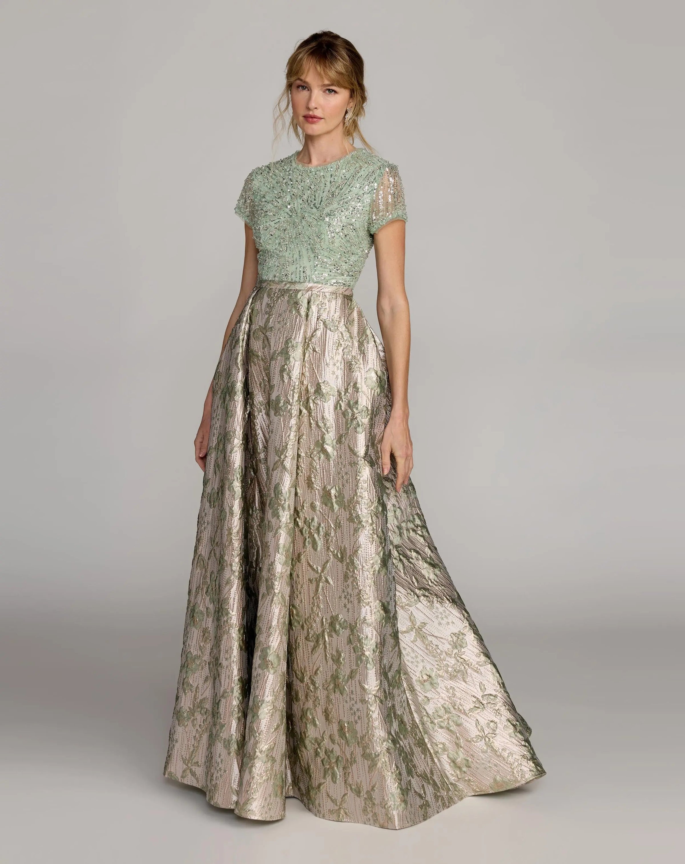 Mac Duggal #21183 Green Sequin Embellished Floral Jacquard Ball Gown