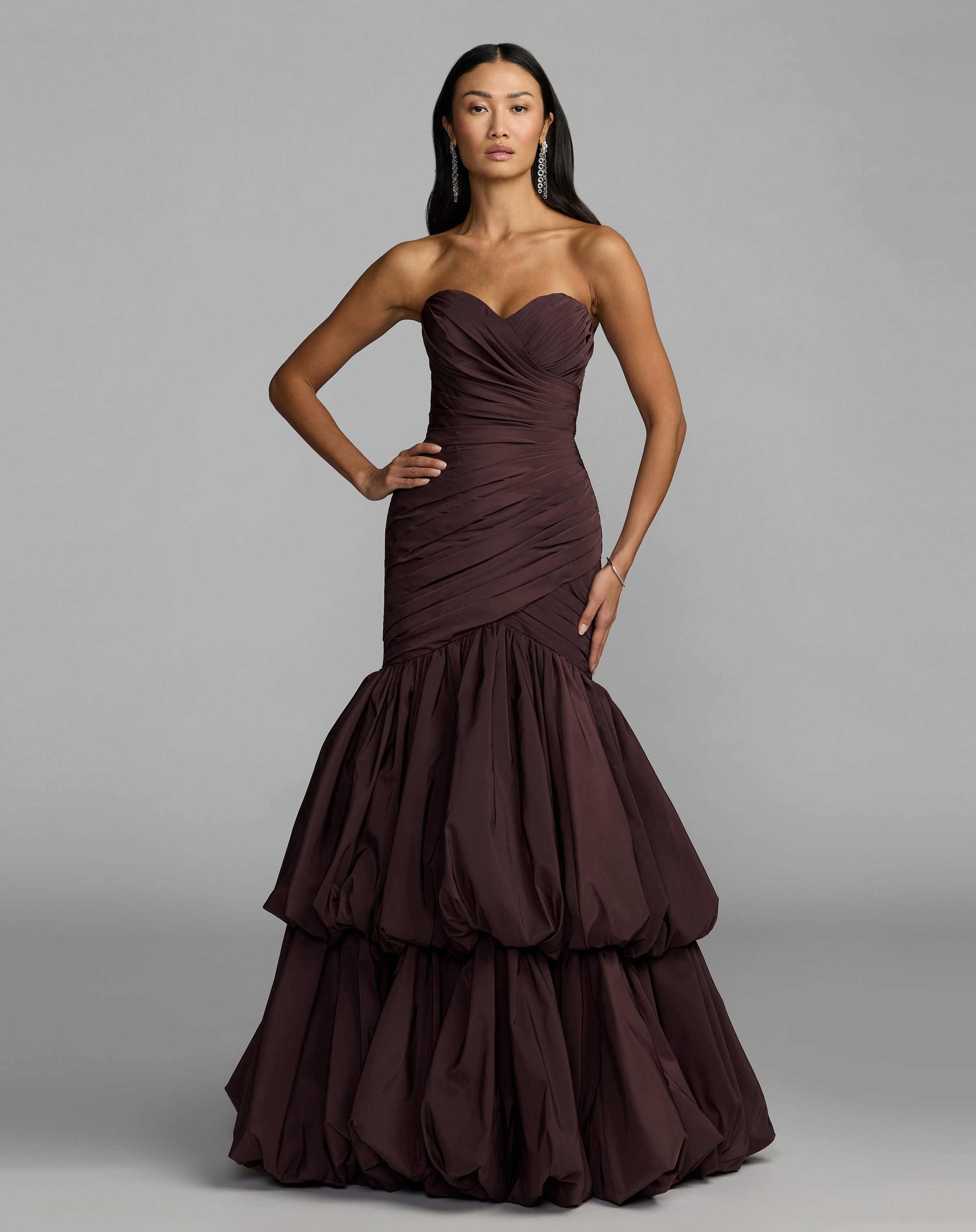 Mac Duggal #21185 amethyst pleated strapless mermaid gown with bubble hem
