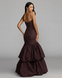 Mac Duggal #21185 amethyst mermaid gown back view with sweep train
