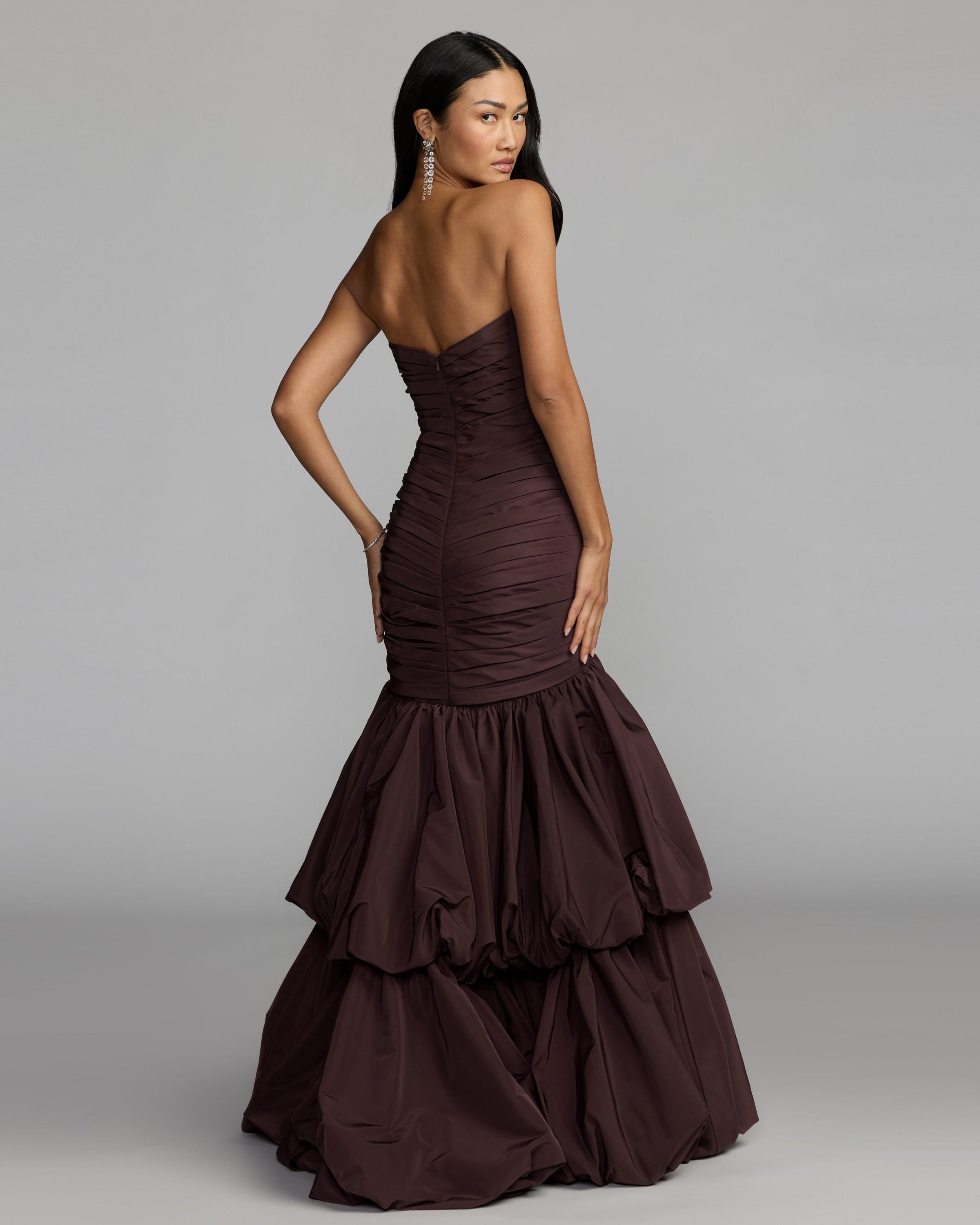 Mac Duggal #21185 amethyst mermaid gown back view with sweep train