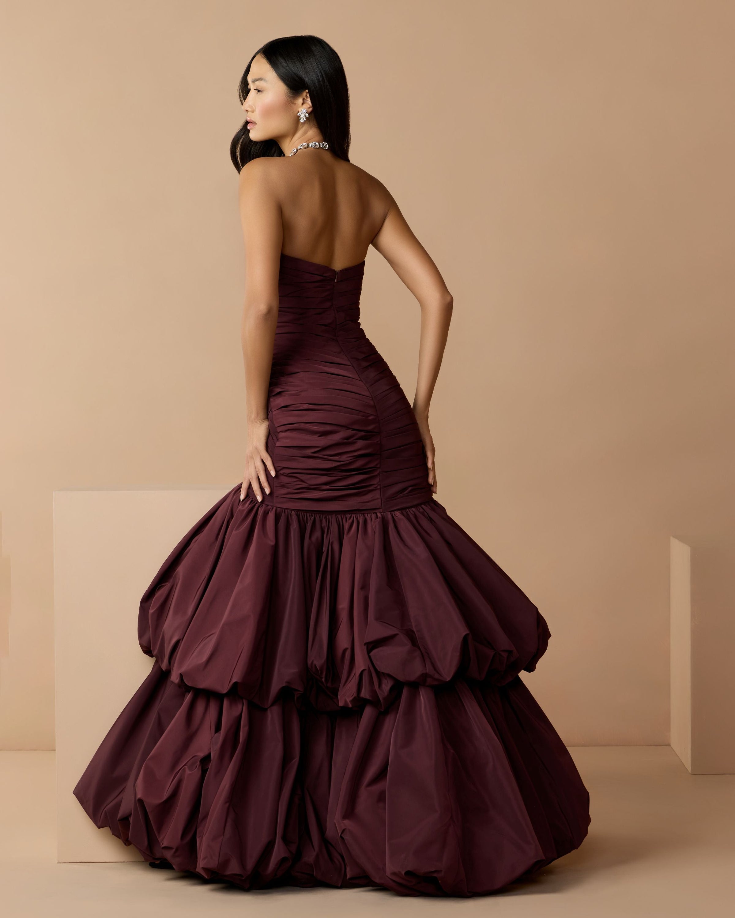 Mac Duggal #21185 amethyst mermaid gown lifestyle back view