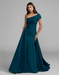 Mac Duggal #21187 ocean pleated one shoulder gown with overskirt
