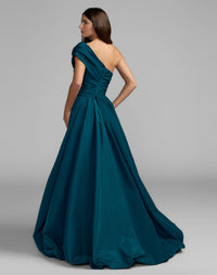Mac Duggal #21187 ocean pleated one shoulder gown with overskirt back view