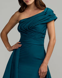 Mac Duggal #21187 ocean pleated one shoulder gown with overskirt close-up